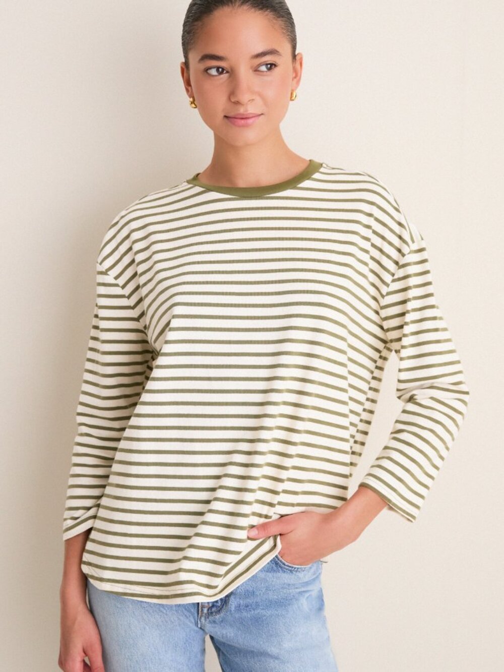 Pomander Place Striped Knit Popover Olive Cream Cotton Boxy Tuckernuck M